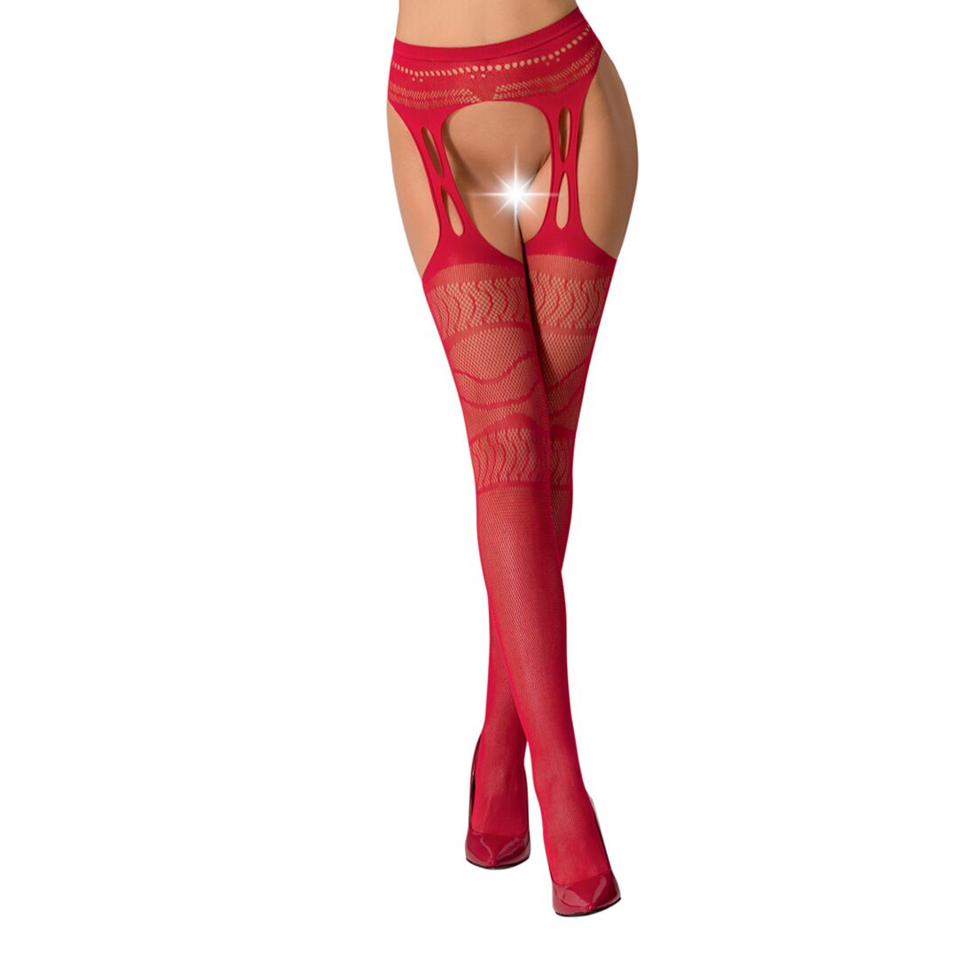 Сітчасті панчохи стокінги passion s020 one size, red, ажурний візерунок, імітація пояса з гартерами Сітчасті панчохи стокінги passion s020 one size, red, ажурний візерунок, імітація пояса з гартерами