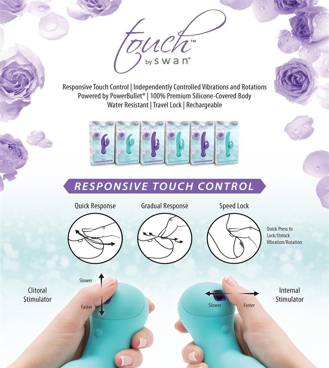 Вібратор кролик з сенсорним управлінням і ротацією touch by swan duo teal, глибока вібрація Вібратор кролик з сенсорним управлінням і ротацією touch by swan duo teal, глибока вібрація